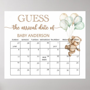 Poster Teddy Bear Chá de fraldas Adivinha Calendário de D