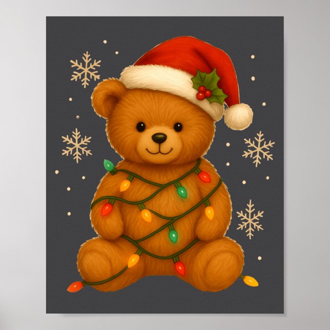 Poster Teddy Bear Christmas Tree Lights Santa Hat For Bea (Frente)