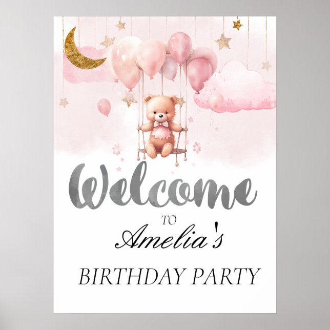 Poster Teddy Bear com Balões - Sinal de Boas-vindas (Frente)