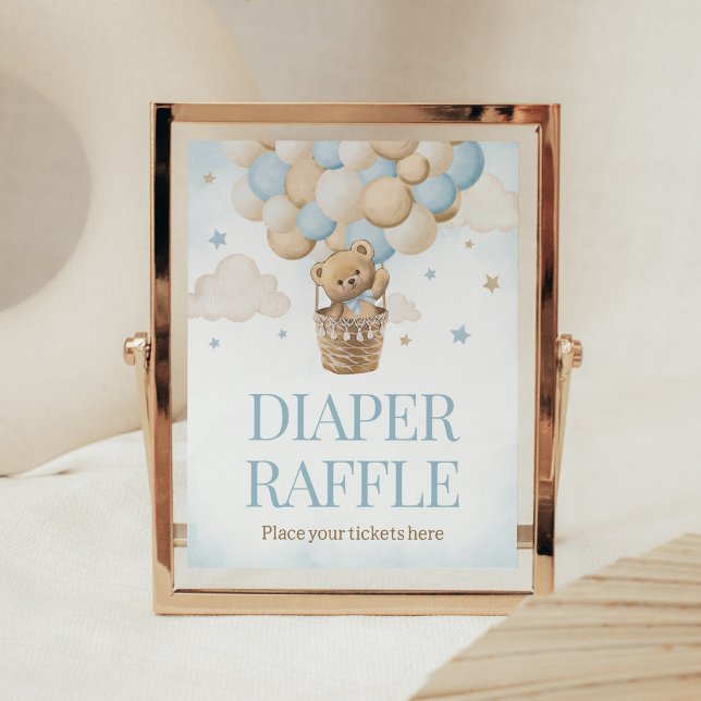 Poster Teddy Bear Hot Air Balloon Fralda Raffle (Boho Blue Bear Baby Shower Diaper Raffle Sign)