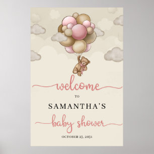 Poster Teddy bear pink brown balloons baby Welcome Sign