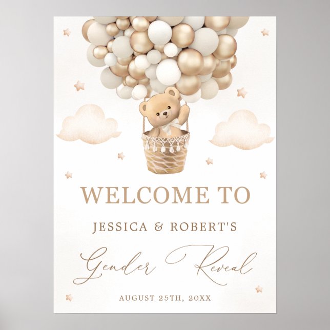 Poster Teddy Bear with Neutral Balloons Gender Reveal (Frente)