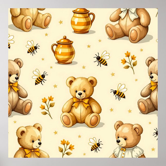 Poster Teddy Bears Honey Bees Nursery Pattern (Frente)
