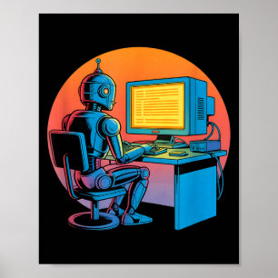 Poster Tela de computador de codificação de robô retrô en