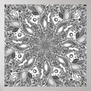 Poster Tela de tela de mandala preta e branca