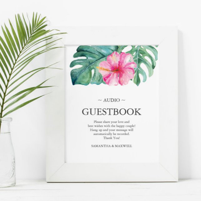 Poster Telefone de Casamento de Destino Tropical (Tropical destination wedding decor feature pink hibiscus flower palm leaf art Victoria Grigaliunas)