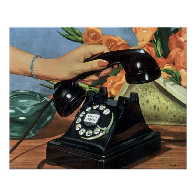 Póster Telefone Retro com Discagem Rotativa, Vintage Busi (Frente)