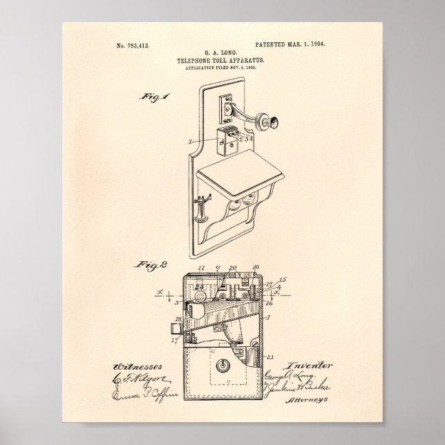 Póster Telephone Toll 1904 Patent Art Old Peper (Frente)