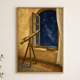 Poster Telescópio pela janela aberta Cartaz de Aquarela