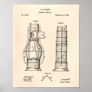 Poster Telescópio Submarino 1864 Arte Patente Antigo Pepe