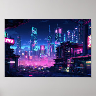 Poster Telhado da Cidade Noturna Cyberpunk