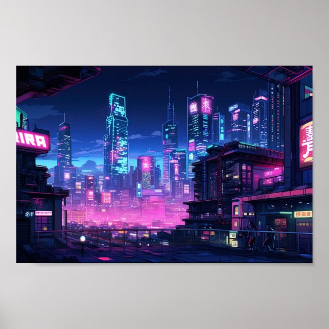 Poster Telhado da Cidade Noturna Cyberpunk (Frente)