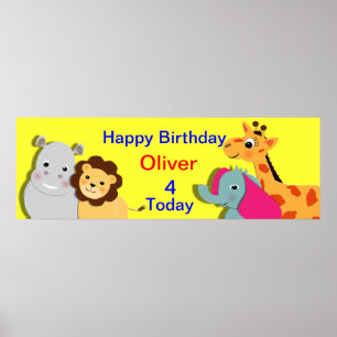 Póster Tema Animal Feliz Aniversário Banner Personalizado