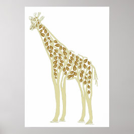 Poster Tema Artístico Africano Girafa Folhas de Árvore Na