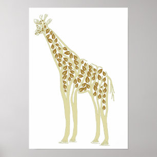 Poster Tema Artístico Africano Girafa Folhas de Árvore Na