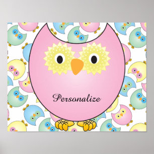 Póster Tema da serra do Pastel Baby Owl em rosa