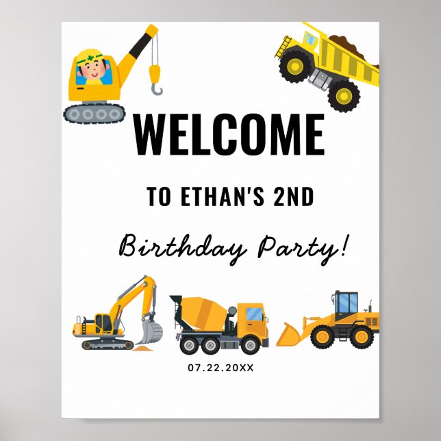 Poster Tema de Aniversário de Construção para Meninos (Frente)