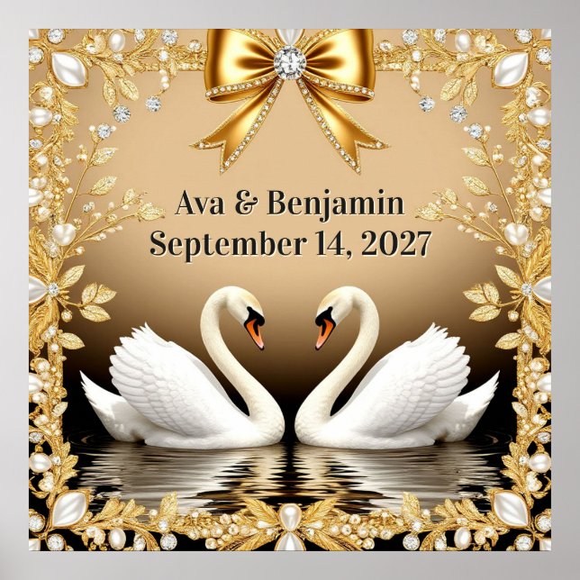 Poster 🦢 Tema de Casamento Romântico Cisne Dourado 💍 (Frente)