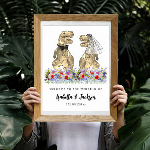 Poster Tema Dinossauro Casamento de Flor Selvagem Bem-Vin