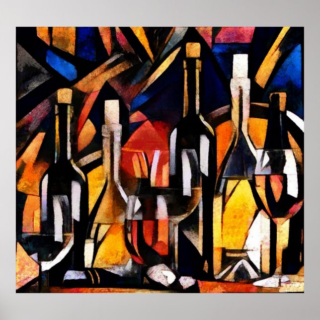 Poster Temas do vinho Cubismo: Garrafas e Uvas (Frente)