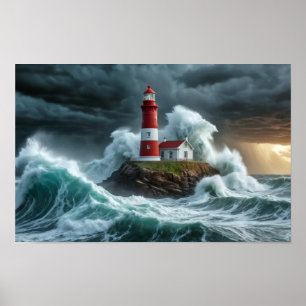 Poster Tempestade no Oceano Farol Onda Poderosa Majestosa