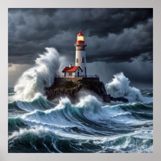 Poster Tempestade no Oceano Farol Onda Poderosa Majestosa (Frente)