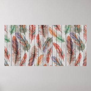 Poster Template seamless pattern with color feathers. Fre