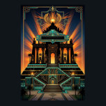 Poster Templo Art Déco Revival Egípcio Dourado e Turquesa<br><div class="desc">Uma fusão impressionante dos estilos Art Déco e Egito Antigo. Apresentando um grandioso templo piramidal, palmeiras e motivos egípcios sob um disco solar alado, tudo numa paleta luxuosa dourada e turquesa.</div>
