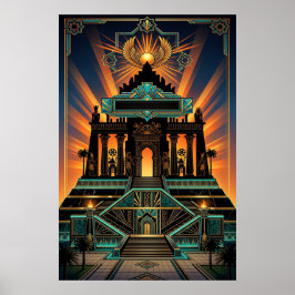 Poster Templo Art Déco Revival Egípcio Dourado e Turquesa