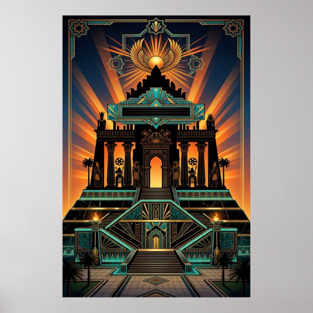 Poster Templo Art Déco Revival Egípcio Dourado e Turquesa (Frente)
