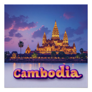Póster Templo Cambojano Dourado ao Crepúsculo