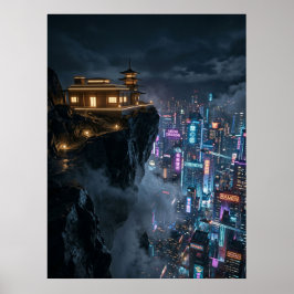 Poster Templo Cyberpunk sobre Cidade Neon