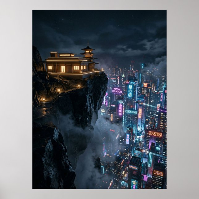 Poster Templo Cyberpunk sobre Cidade Neon (Frente)