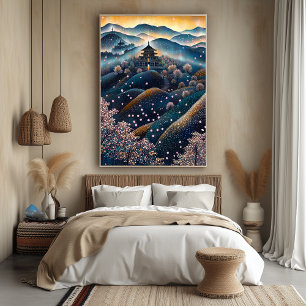 Poster Templo da Flor de Cerejeira em Estilo Pontilhista