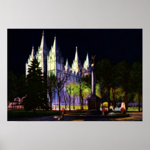 Poster Templo de Mormon de Salt Lake City Utá na noite