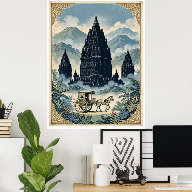 Poster Templo Hindu Prambanan Vintage Java Indonésia (Escritório em casa)