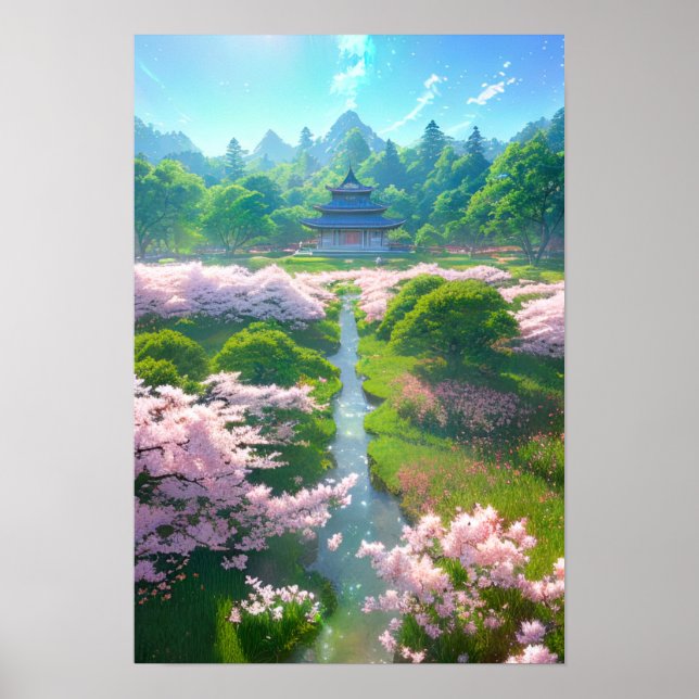 Poster Templo Japonês em Campo Sakura (Frente)