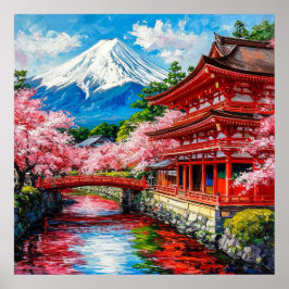 Poster Templo Japonês Tradicional com Floradas de Cerejei