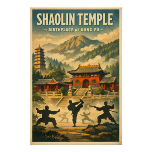 Póster Templo Shaolin, China, em um clássico estilo retrô