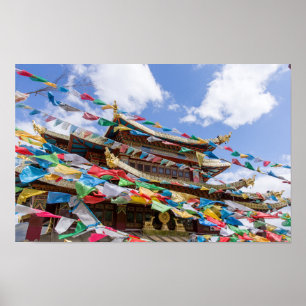 Poster Templo Tibetano com bandeiras de oração - Yunnan