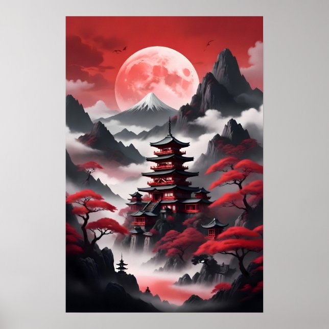 Poster Templos japoneses nas montanhas enevoadas (Frente)