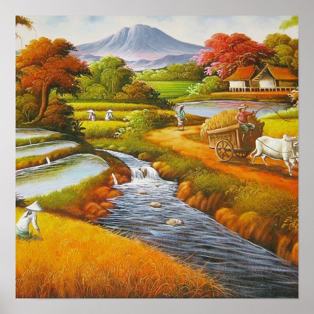 Poster Tempo de Colheita: Uma Paisagem Rural com Montanha (Frente)