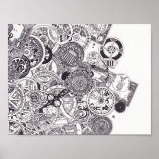 Póster Tempo e dinheiro - Steampunk preto e branco