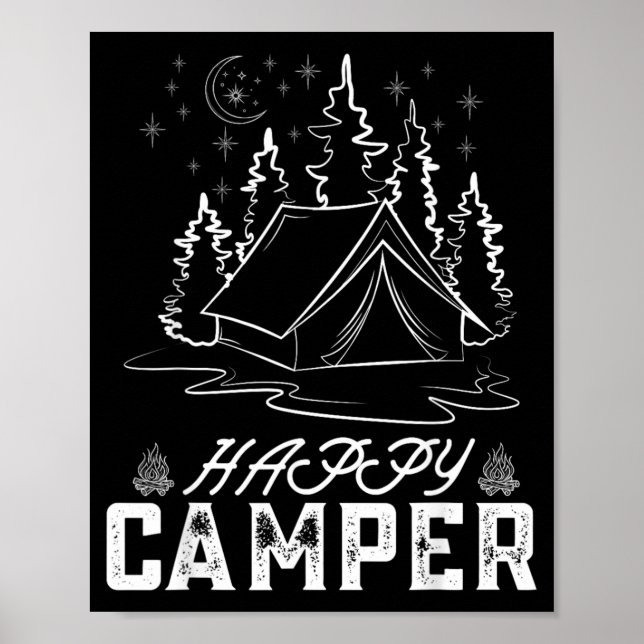Poster Tenda Retro Feliz Acampador Noite de Lua Floresta  (Frente)