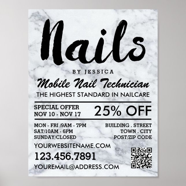 Poster Tendy Modern Marble Nail Technician, Nail Salon (Frente)