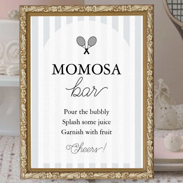 Poster Tênis Chic Chá de fraldas Momosa - Sinal Bar (elegant grey and white baby shower sign for momosa bar at tennis theme events shown in gold frame)