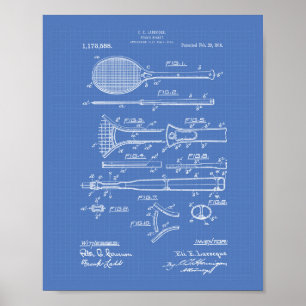 Poster Tênis Racket 1916 - Arte patenteada - Blueprint