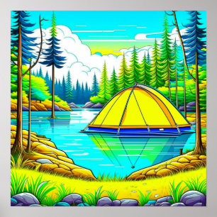 Poster Tent flutuando no lago acampamento