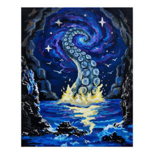 Póster Tenta de Kraken Cósmico Arte Oceânico