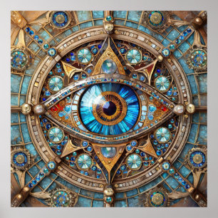 Poster Terceiro Olho - Mandala Azul Turquesa Dourado